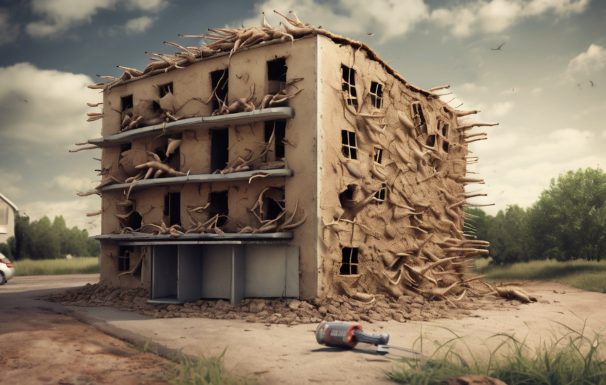 Close-up of subterranean termite mud tubes on building foundation wall, showing evidence of termite infestation in infrastructure