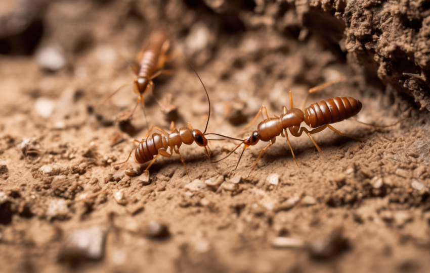 Close-up of subterranean termite mud tubes on a building foundation showing evidence of termite infestation and damage risks to wood structures.