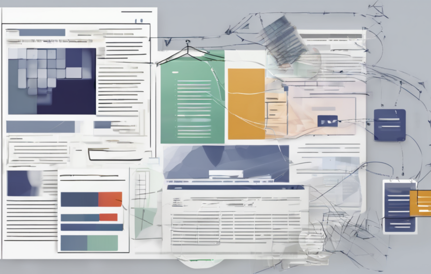 A professional writing a technical report on a laptop, with documents and charts, illustrating best practices for structuring technical reports and ensuring logical flow in the content.