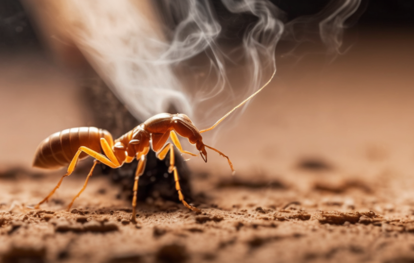 Illustration showing the process of termite heat treatment with heaters raising wood interior temperature to lethal levels to destroy termites inside walls