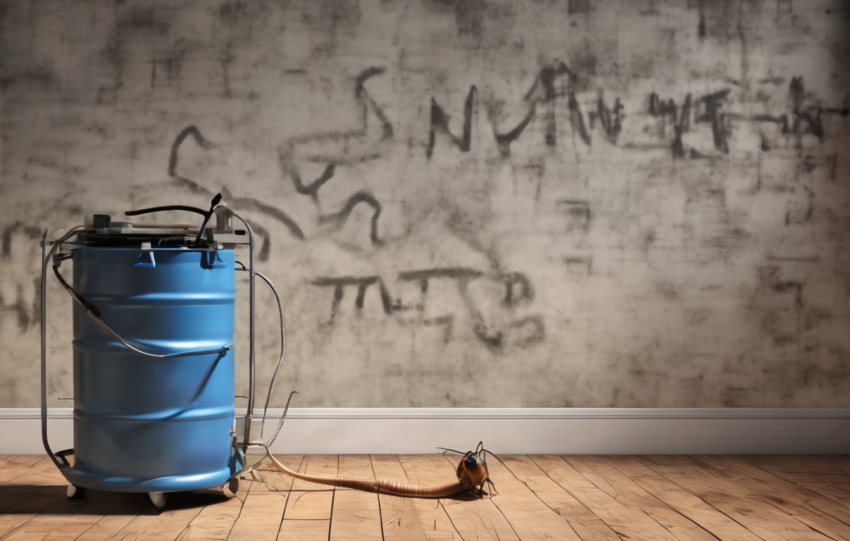 Image showing comparison of termite control methods: heat treatment heating a wooden structure, chemical soil treatment application, and termite bait stations installed around a property.