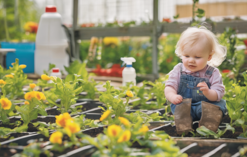 Nursery technician applying a targeted chemical treatment using a calibrated sprayer on nursery plants as part of an integrated pest management program ensuring safety and precision.