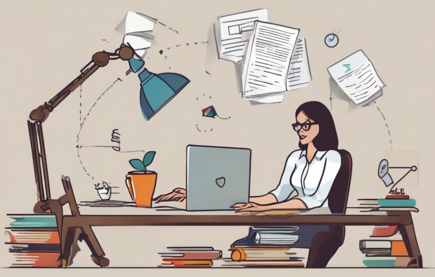 Illustration showing a technical writer balancing scales labeled "Objectivity" and "Readability" with a professional document in the background, symbolizing the skill needed in technical writing.