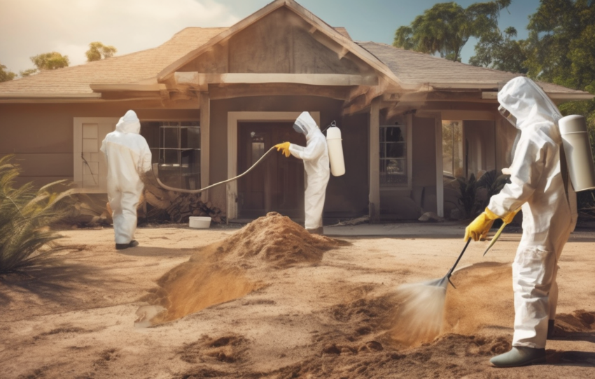 Photograph of a technician inspecting a villa perimeter and installing termite bait stations near irrigated landscaping — illustrating termite treatment options for houses in Dubai.