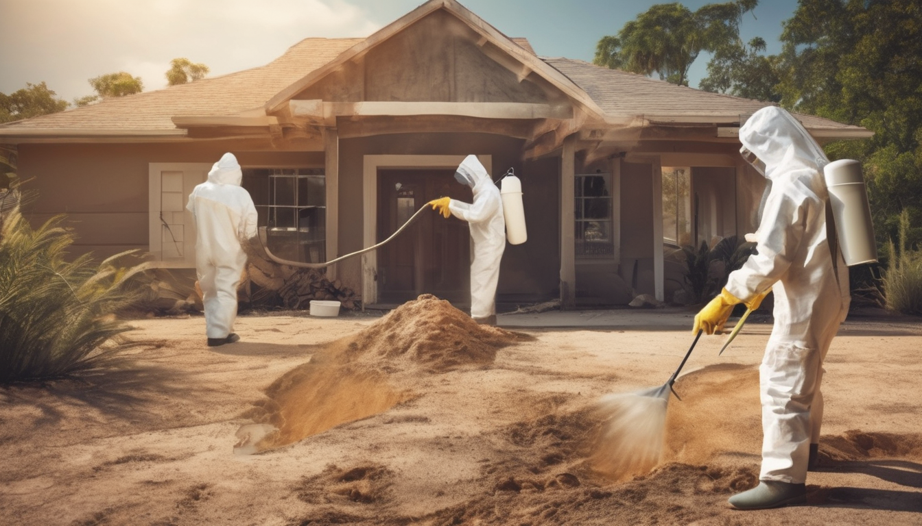 Photograph of a technician inspecting a villa perimeter and installing termite bait stations near irrigated landscaping — illustrating termite treatment options for houses in Dubai.