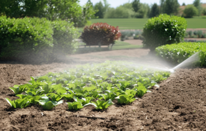 Nursery irrigation system showing drip emitters delivering water efficiently to plants, minimizing wet foliage and reducing pest habitat.