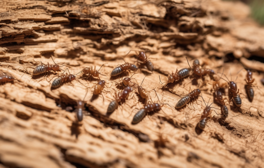 Photograph of a garden bed next to a villa foundation with visible drip irrigation lines and a termite mud tube along the concrete base, annotated to show moisture pathway and monitoring station placement.