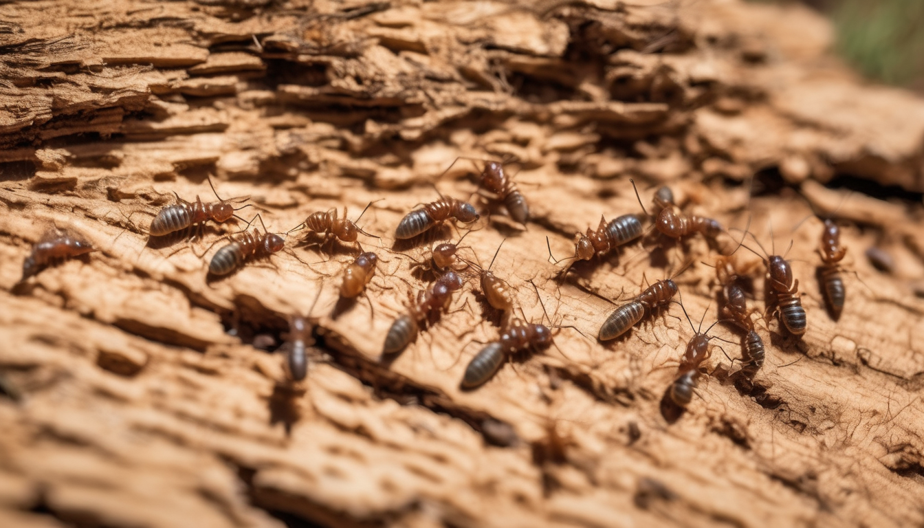 Photograph of a garden bed next to a villa foundation with visible drip irrigation lines and a termite mud tube along the concrete base, annotated to show moisture pathway and monitoring station placement.