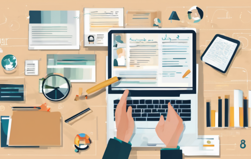 Illustration of a professional writing a technical report on a laptop with charts and diagrams visible on screen, symbolizing clear and concise technical writing practice in the UAE.