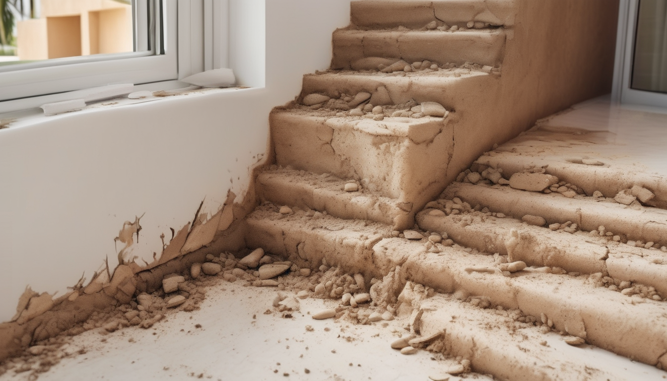 Infographic showing termite damage repair costs for Dubai villas: cost ranges from AED 10,000 to 50,000+ broken down by severity, with villa images from Jumeirah and Palm Jumeirah.