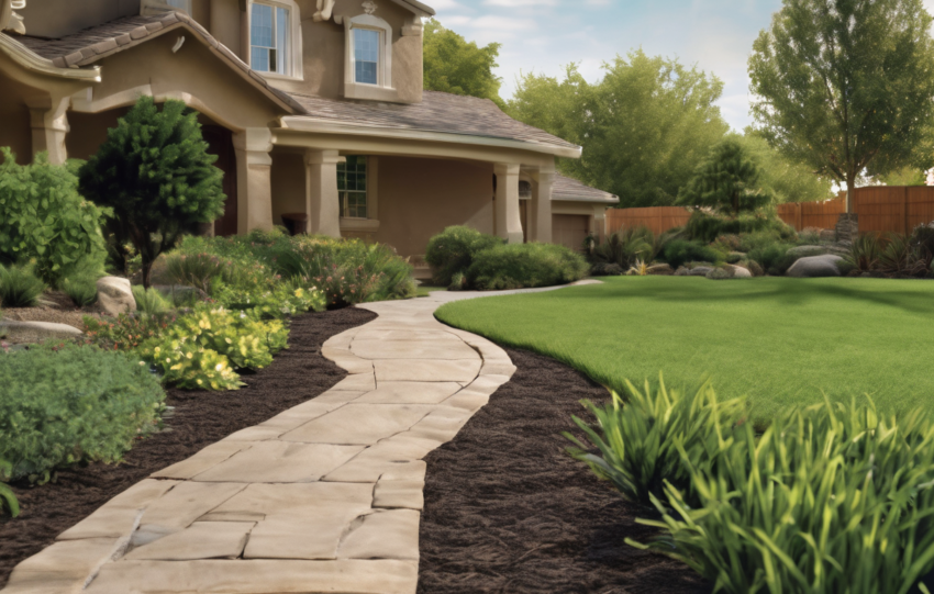 A well-maintained garden illustrating proper soil grading, irrigation setup with drip lines away from the foundation, termite-resistant plants, and mulch gaps, demonstrating strategies for preventing termite pathways through landscaping and irrigation.