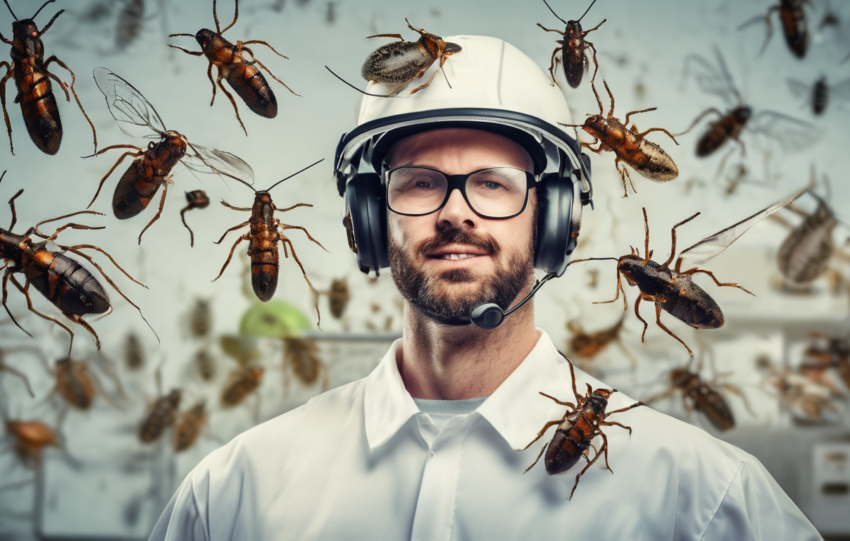 Image showing a pest control technician using a tablet for scheduling and GPS tracking in the field, representing optimized field operations management for pest control services.