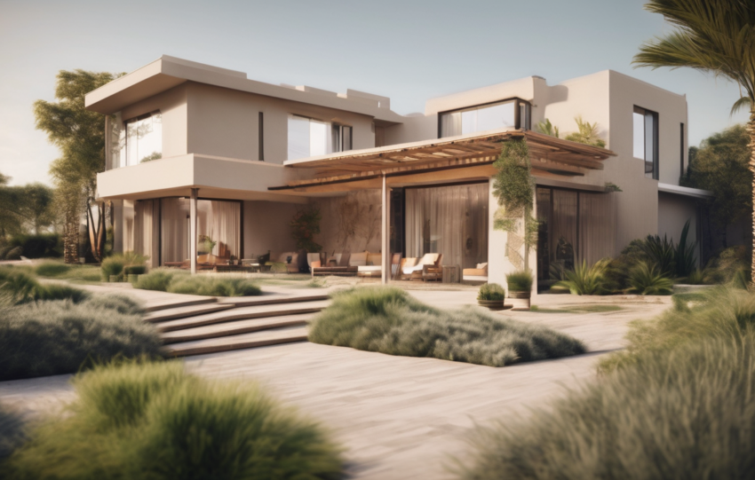 Professional technician applying bifenthrin soil treatment around Dubai villa foundation trench, creating termite barrier per application guide.