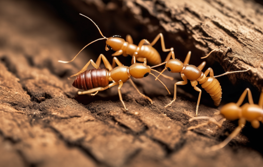Close-up of subterranean termite workers constructing mud tubes towards damp wooden foundation in a Dubai villa garden, illustrating how subterranean termites find wood via moisture trails.