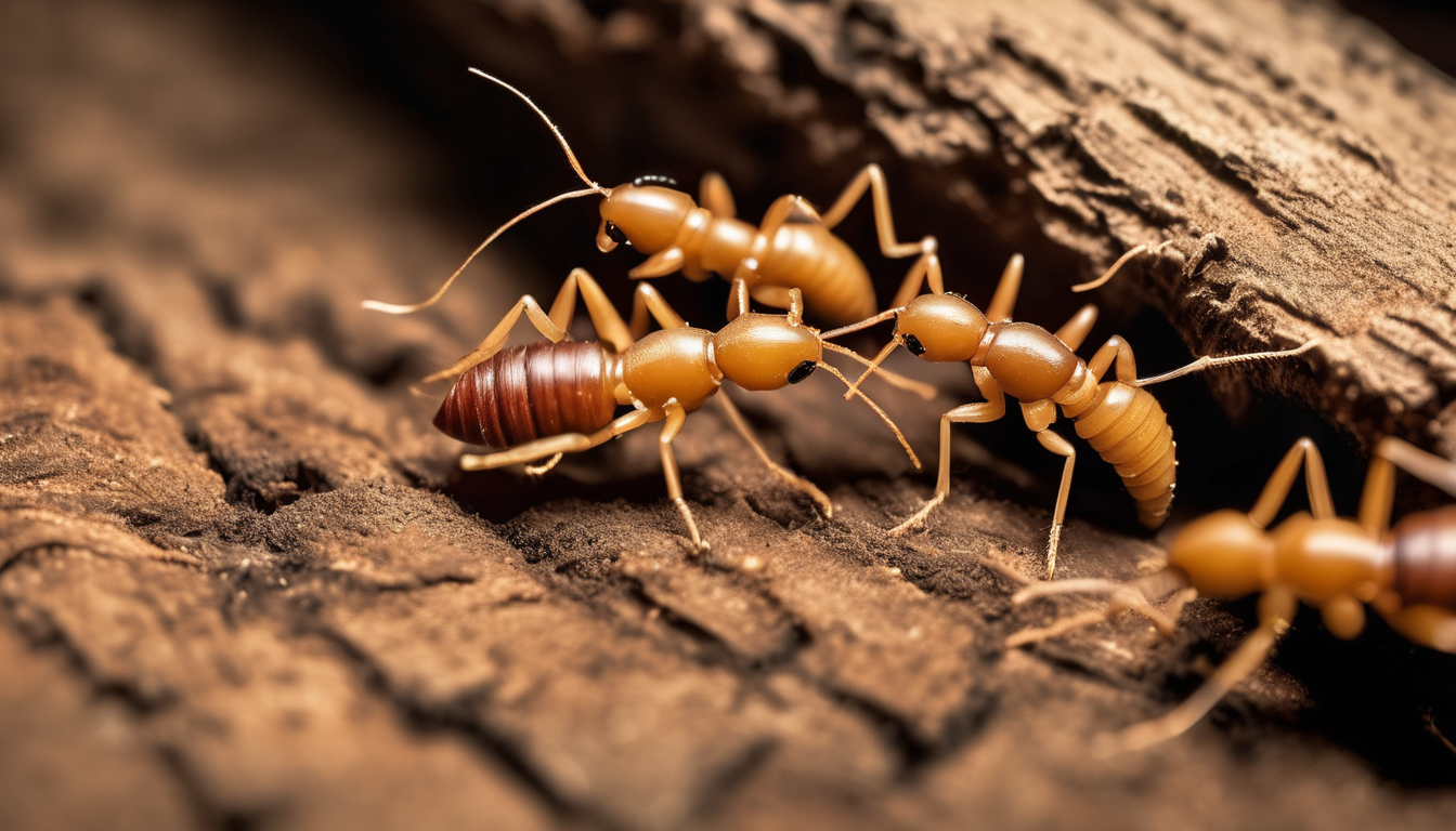 Close-up of subterranean termite workers constructing mud tubes towards damp wooden foundation in a Dubai villa garden, illustrating how subterranean termites find wood via moisture trails.