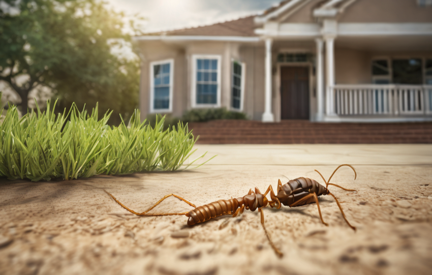 Diagram showing how irrigation drip lines and mulch create moist termite pathways from garden soil into a Dubai villa foundation, with mud tubes highlighted along expansion joints.