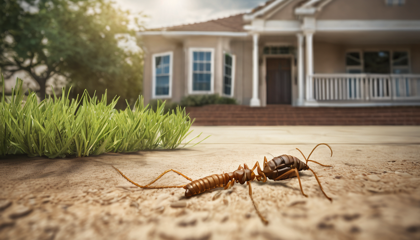 Diagram showing how irrigation drip lines and mulch create moist termite pathways from garden soil into a Dubai villa foundation, with mud tubes highlighted along expansion joints.