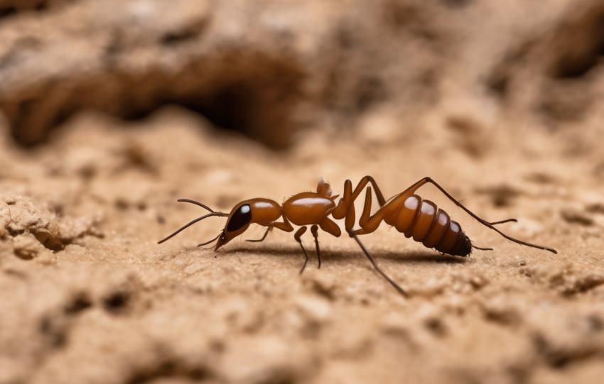 Close-up of bifenthrin pyrethroid application on Dubai villa foundation soil, illustrating pyrethroids effectiveness against UAE subterranean termites with mud tubes nearby.