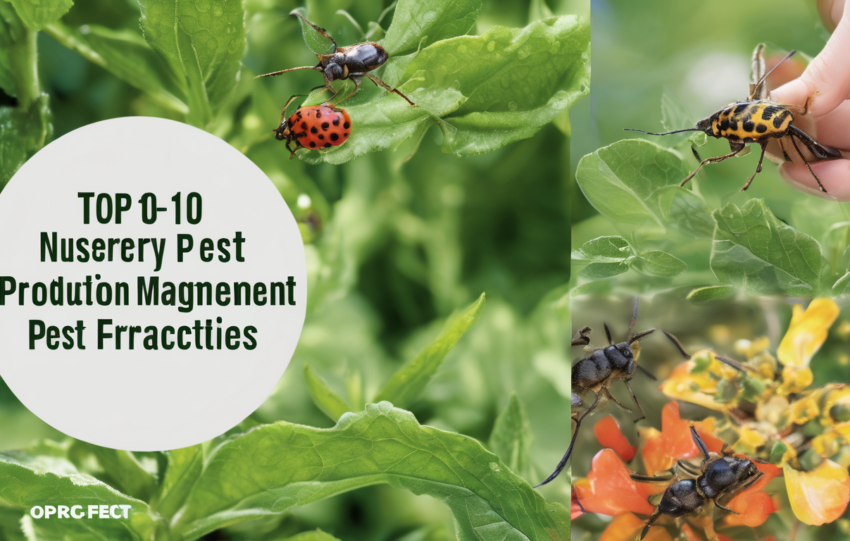 Image showing a nursery worker inspecting plants for pests as part of integrated pest management practices, surrounded by healthy nursery stock under careful monitoring.