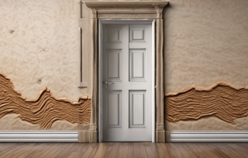 Termite mud tube patterns around door frames - vertical clay tunnels on Dubai villa entrance