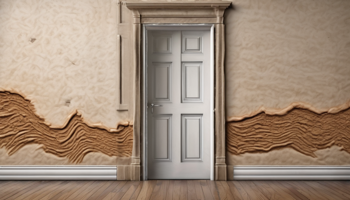 Termite mud tube patterns around door frames - vertical clay tunnels on Dubai villa entrance